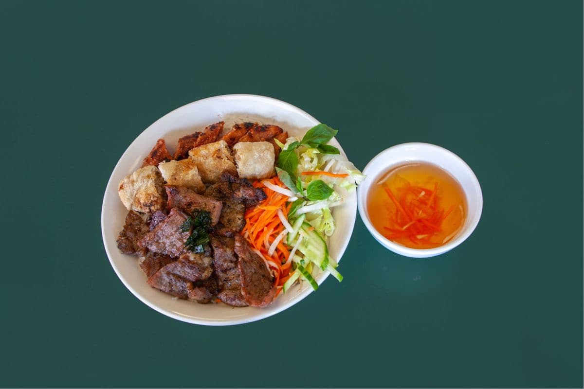 36b. Spring Roll, BBQ Pork, and Grilled Pork Sausage on Vermicelli - Bun Cha Gio, Thit Nuong, Nem Nuong