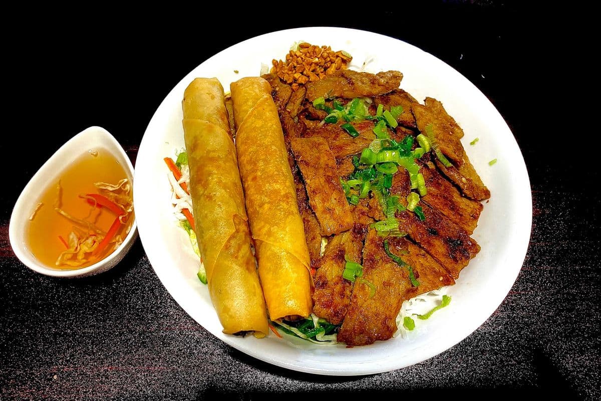 45. Grilled Pork and Spring Rolls on Rice Vermicelli - Bun Thit Nuong Va Cha Gio