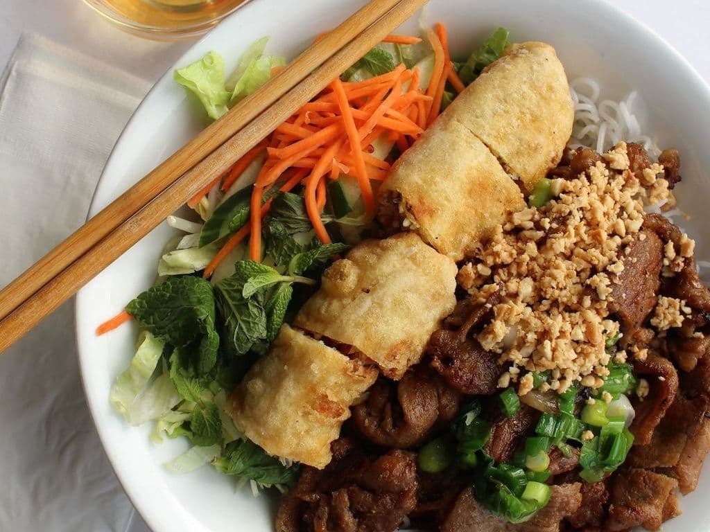 402. Grilled Pork and Deep Fried Spring Rolls on Vermicelli Noodles