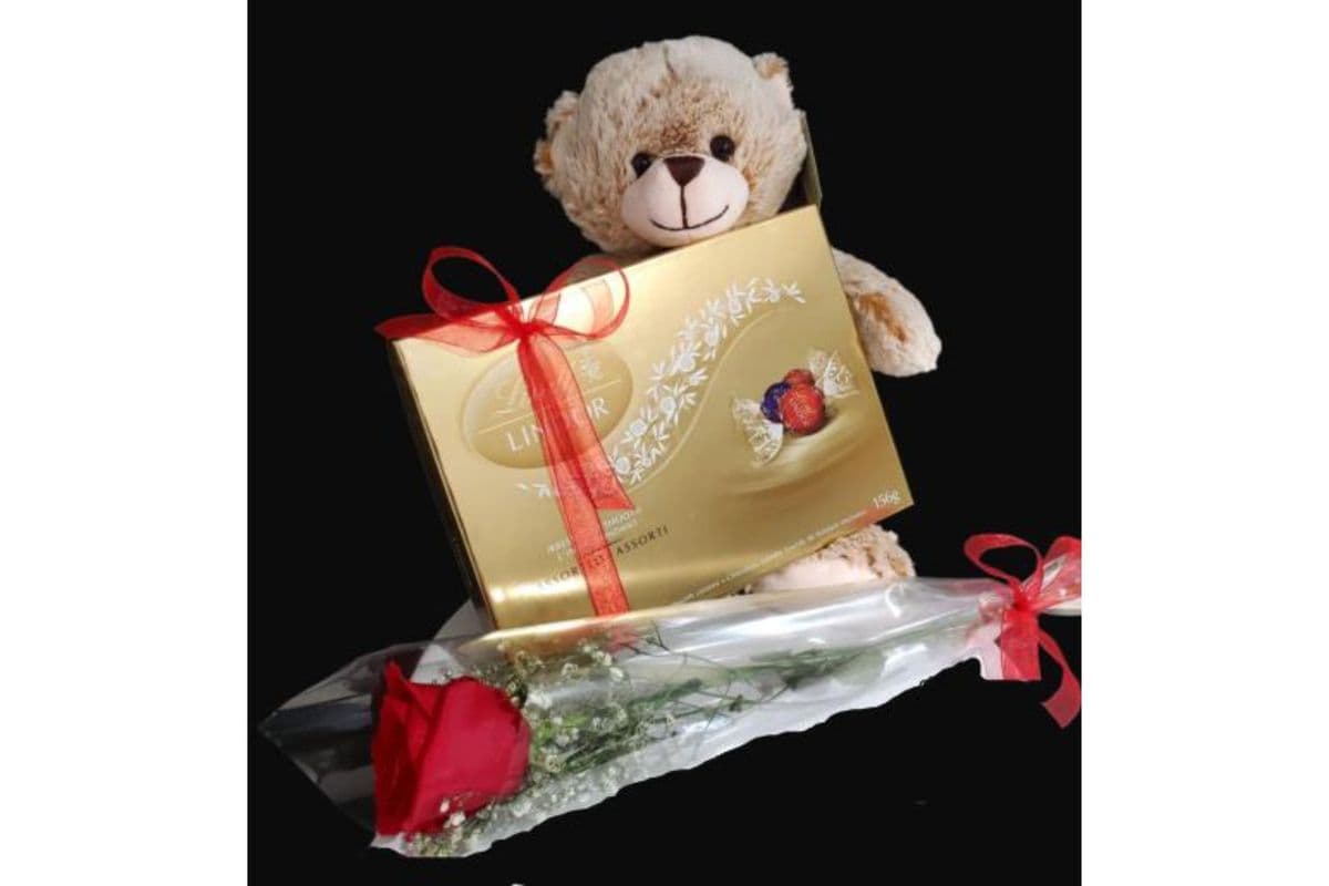 10" Teddy Bear, Chocolate, and Single Red Rose