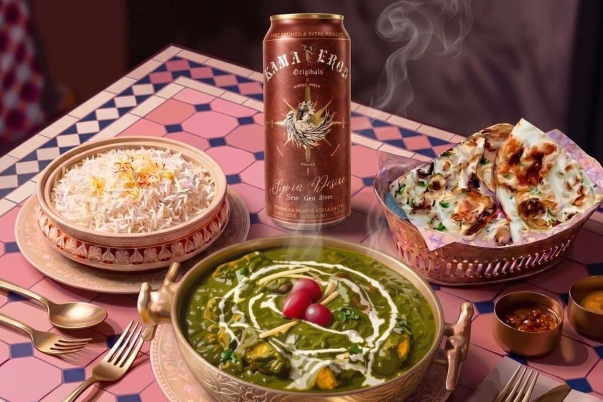 KAMA EROS INDIAN BEER WITH PALAK PANEER PLAIN BASMATI RICE GARLIC NAAN