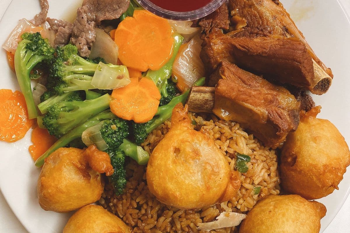 8. Egg roll, Chicken Fried Rice, Beef Broccoli, Chicken Balls, and Honey Garlic Spare Ribs