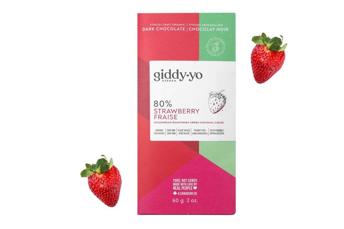 STRAWBERRY 80% DARK CHOCOLATE, 60 G BAR, ORGANIC, VEGAN, FREE OF PEANUTS, DAIRY, GLUTEN, SOY, LAB TESTED, CEREMONIAL GRADE (60 g)