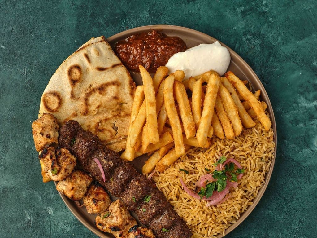 Kebab and Shish Taouk Plate with Rice and Fries