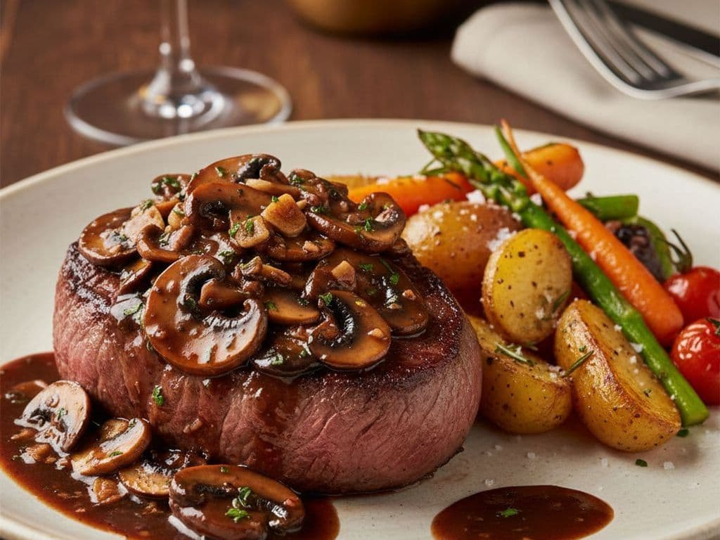Filet Mignon with Mushroom Wine Sauce & Garlic Shrimps