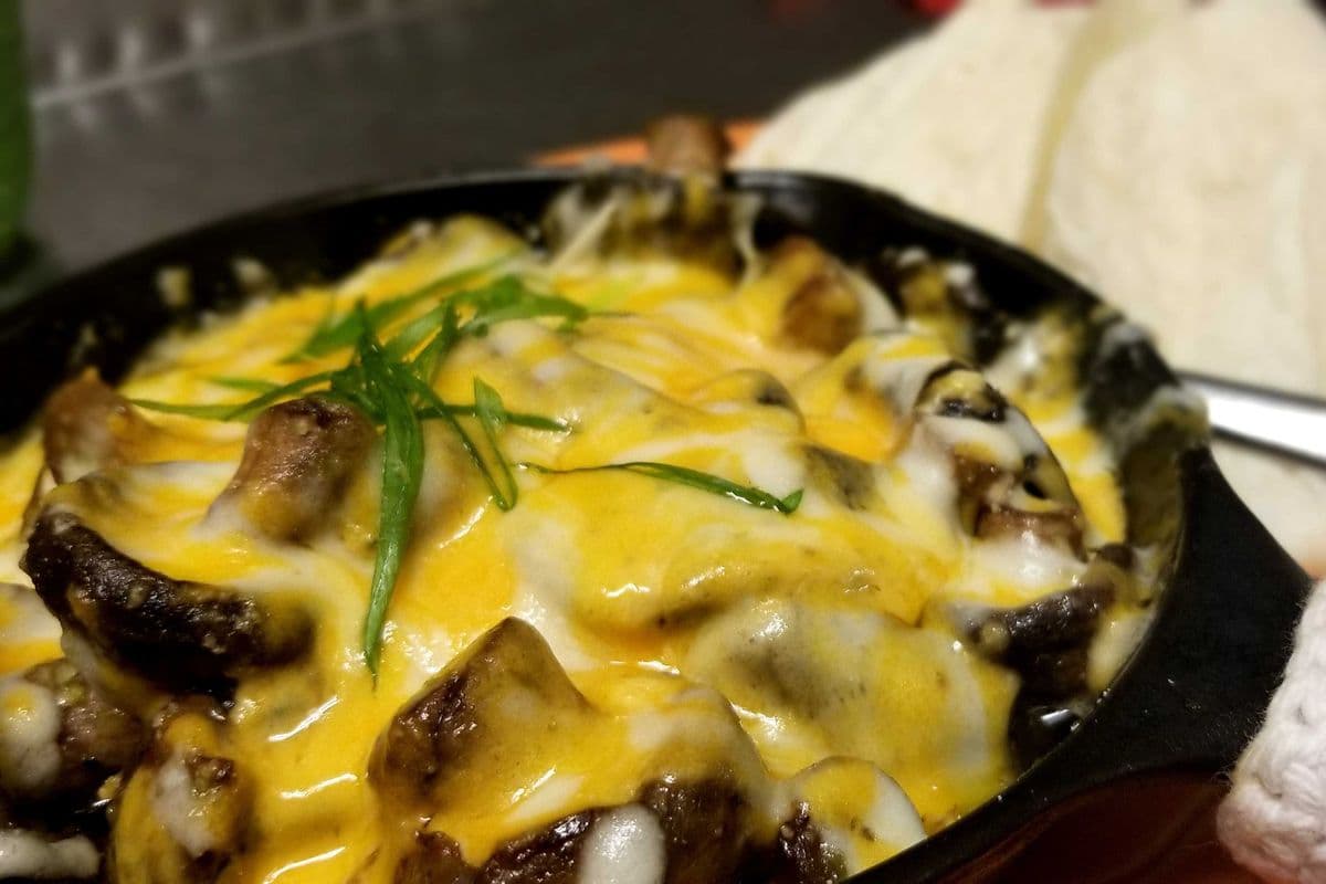 Pesto Mushroom Queso Fundido (Melted Cheese)