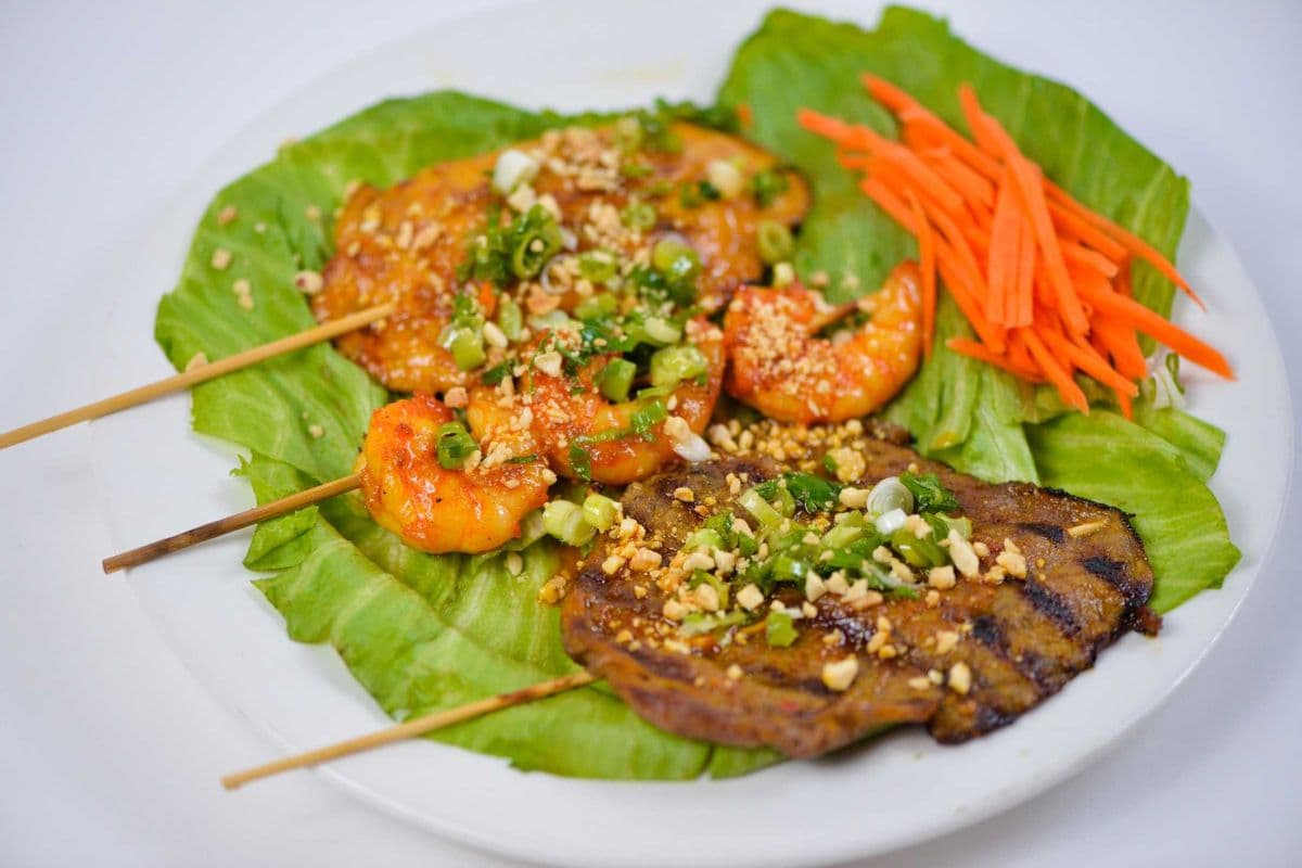 4. Char-Broiled Prawn, Satay Beef, and Chicken Skewers (3 pcs) - Tom Bo Ga Lui