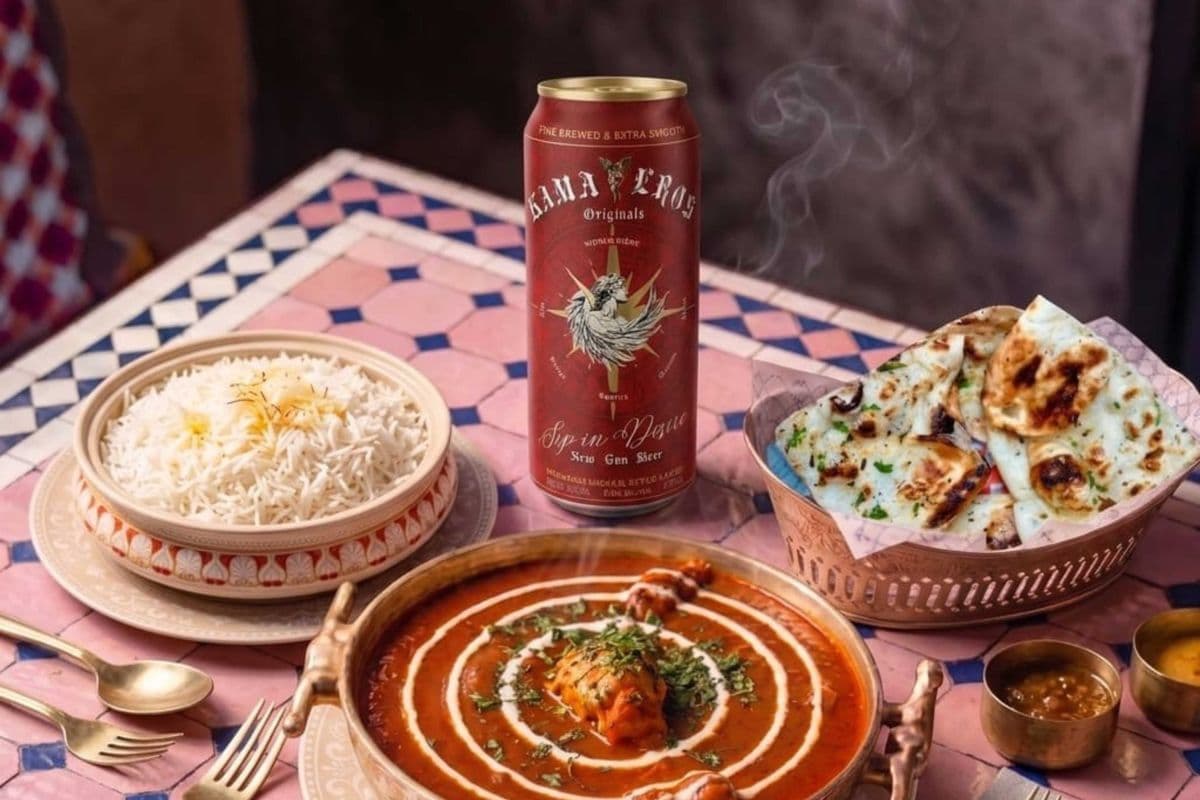 KAMA EROS INDIAN BEER WITH BUTTER CHICKEN PLAIN BASMATI RICE GARLIC NAAN