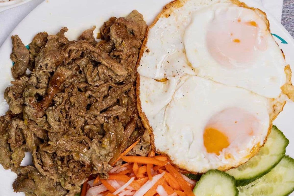 69. Rice with Two Eggs Sunny-Side Up and Lemongrass Pork Slices
