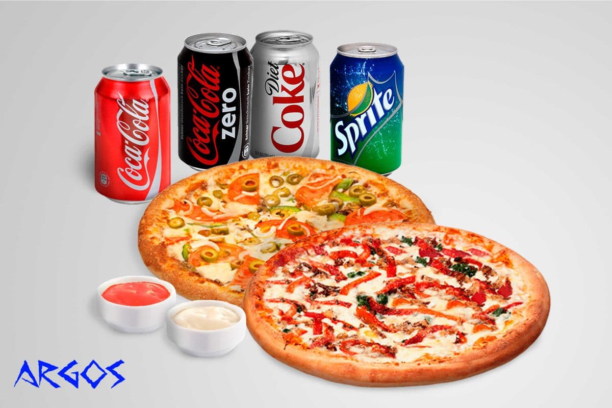 Two Medium Pizzas, 4 Drinks + 2 Dip