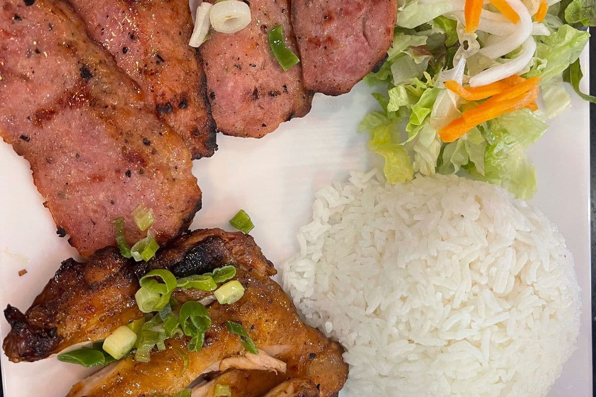 58. Grilled Lemongrass Chicken, BBQ Minced Pork on Rice - Cơm Gà, Nem Nướng