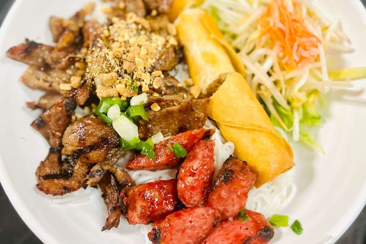 Vermicelli with Grilled Pork and Vietnamese Sausage Spring Roll - Bun Thit Nuong, Nem Nuong, Cha Gio