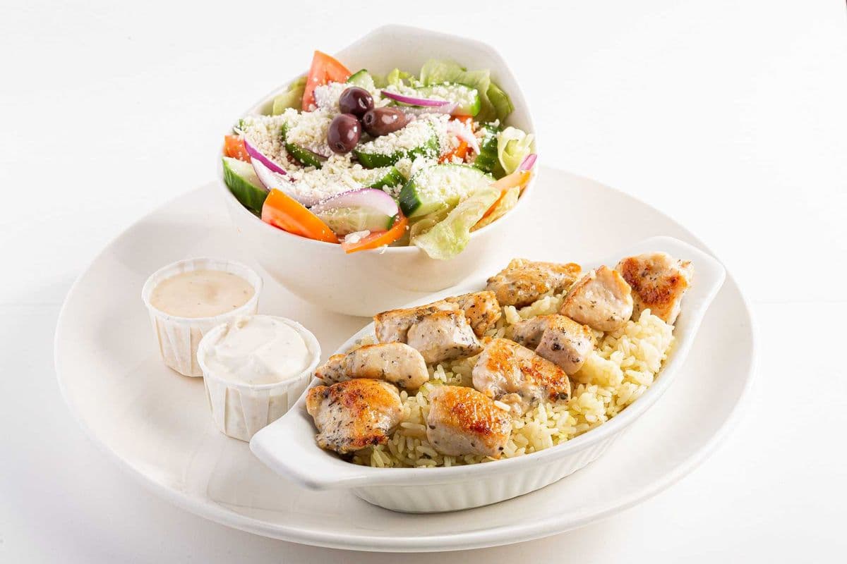 Chicken Souvlaki with Rice and Greek Salad