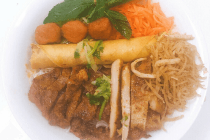 412. Vermicelli with Grilled Pork, Meatballs, Chicken, Spring Roll, and Shredded Pork Skin - Bun Thit Nuong, Ga Nuong, Cha Gio, Nem Nuong, Bi