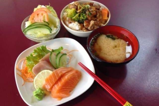 C10. Tuna and Salmon Sashimi (4 pcs), Chicken or Beef Teriyaki Don, Salad, and Miso Soup Combo