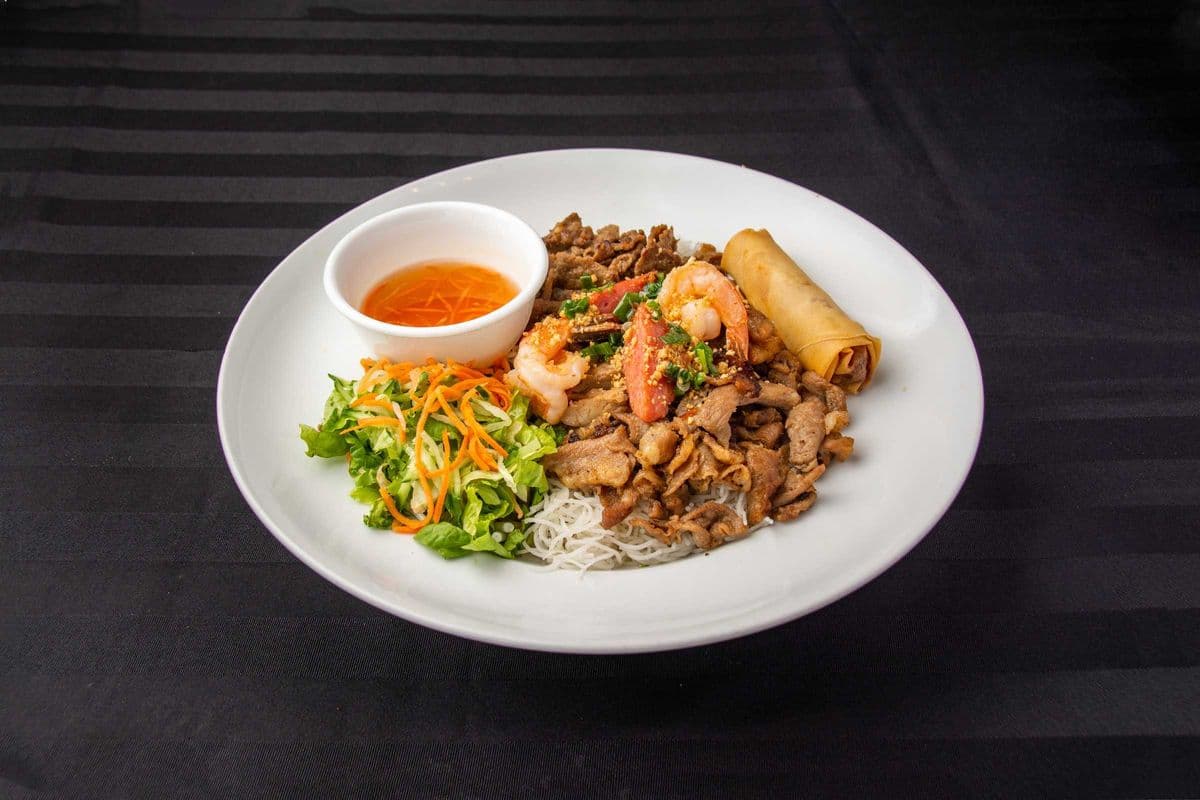35. Vermicelli, Vegetables, Grilled Beef, Pork, Chicken, Shrimp, Meatballs, and Spring Roll