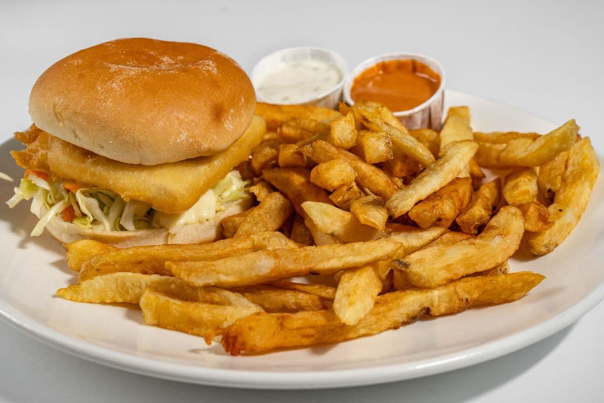 Halibut Fish Burger and Chips