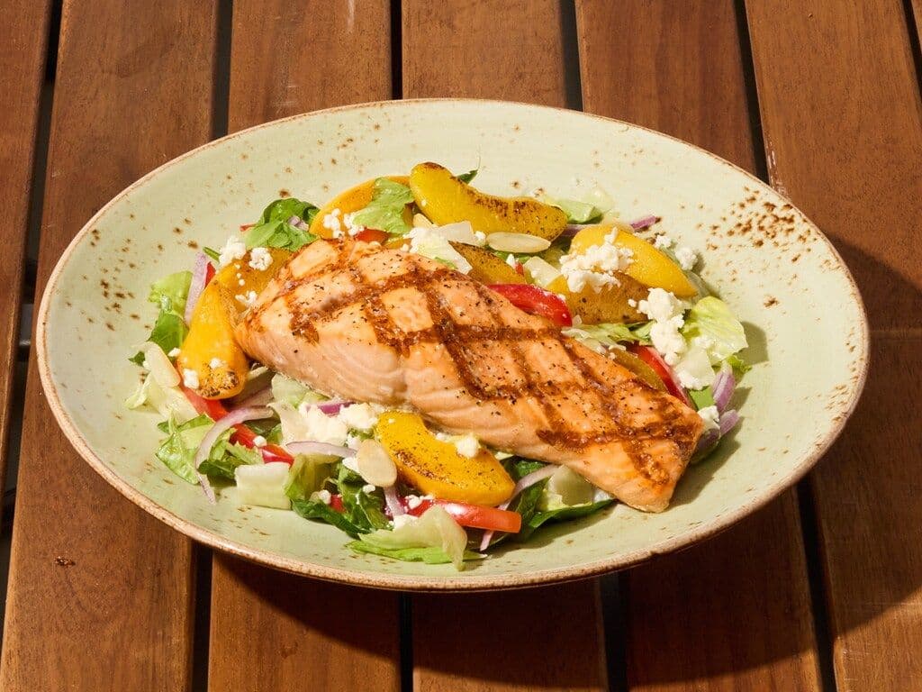 Roasted Peach & Feta Salad with Salmon
