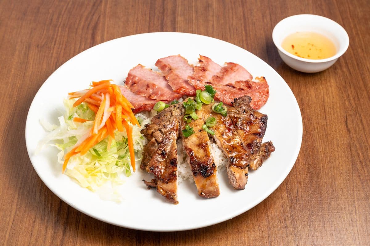 44. Grilled Lemongrass Chicken and BBQ Minced Pork on Rice - Com Ga, Nem Nuong