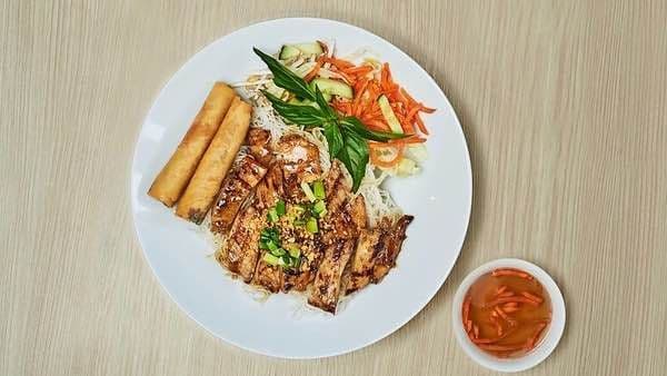22B. BBQ or Peanut Sate Grilled Meat & Meat Spring Rolls with Vermicelli