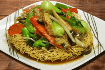 615. Stir-Fried Vegetables, Tofu, and Mushrooms with Crispy Egg Noodles - Mi Xao Gion Chay