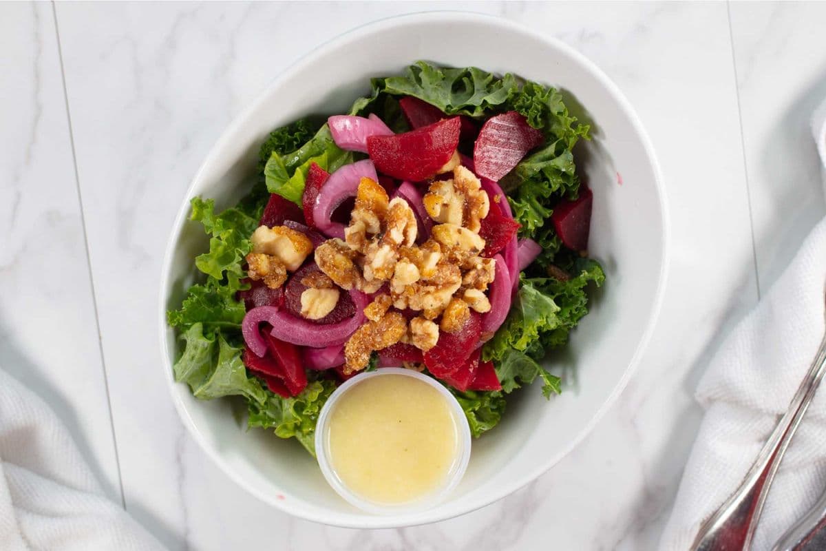Kale, Beet, Pickled Red Onion, Candied Walnuts Salad