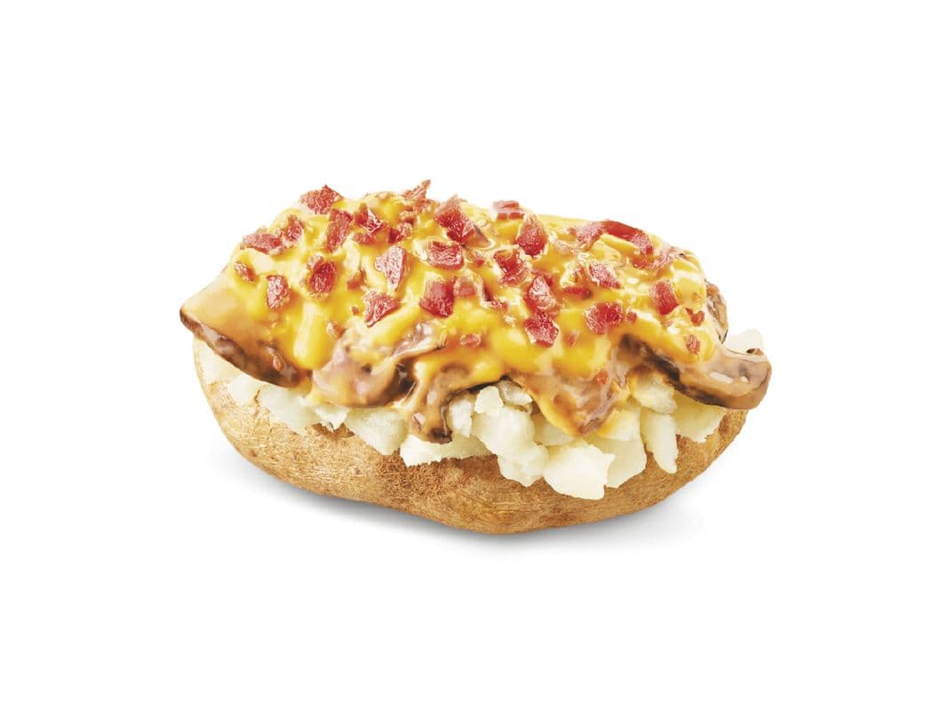 Pomme de terr au four bacon champignons Portabella fromage fondu / Bacon Portabella Mushroom Melt Baked Potato (Cals: 550)