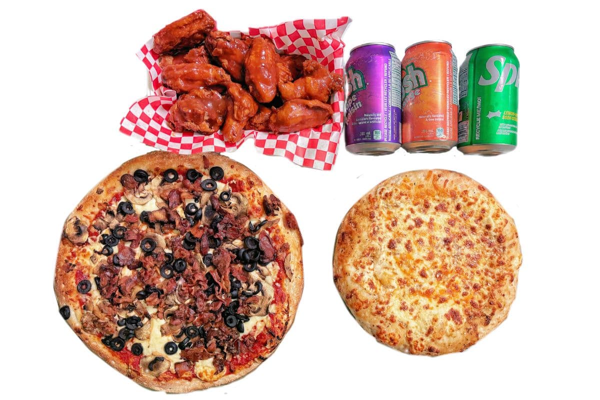 Small Pizza Combo (Garlic Finger w/Cheese 15 Wings & 3 Pops)