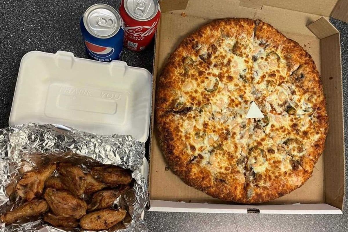 12" Medium Five-Topping Pizza, Chicken Wings (10 pcs), and Two Cans (Any)