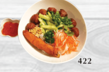 422. Grilled Meat Balls, Mined Shrimp on Sugar Cane on Vermicelli