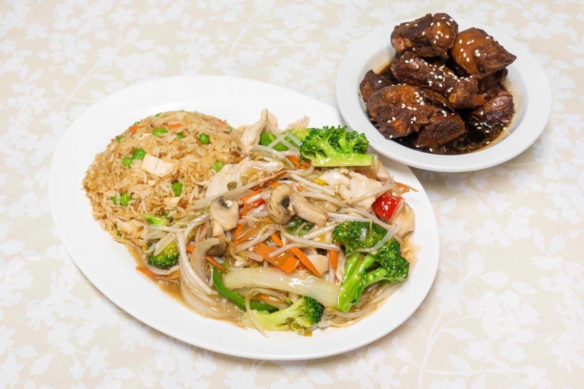 (3) Spring Rolls or Egg Roll Honey Garlic Ribs Chicken Chow Mein Chicken Fried Rice