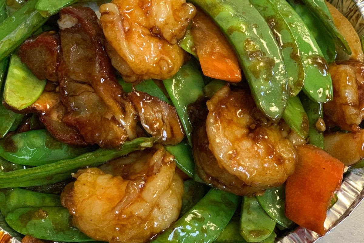 84A. Prawns and Barbeque Pork with Snow Peas