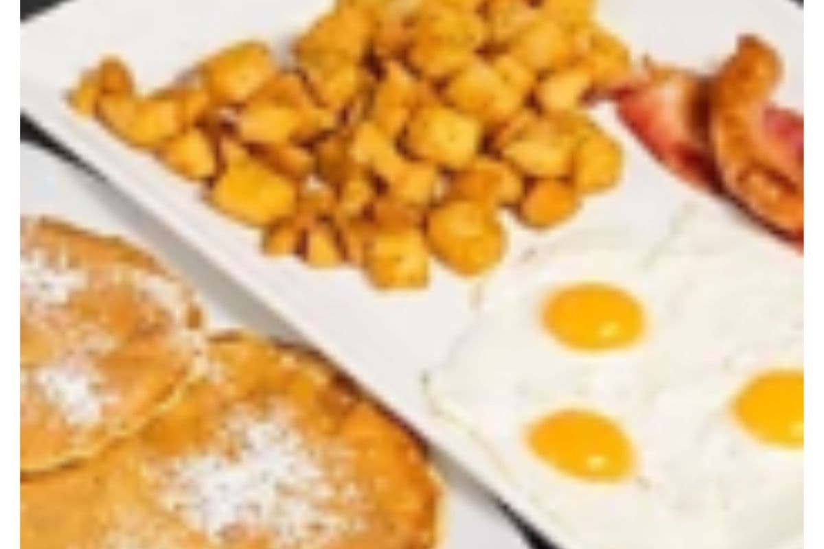 Bacon, Sausage, Eggs, Home Fries, with 2 Pieces Pancakes