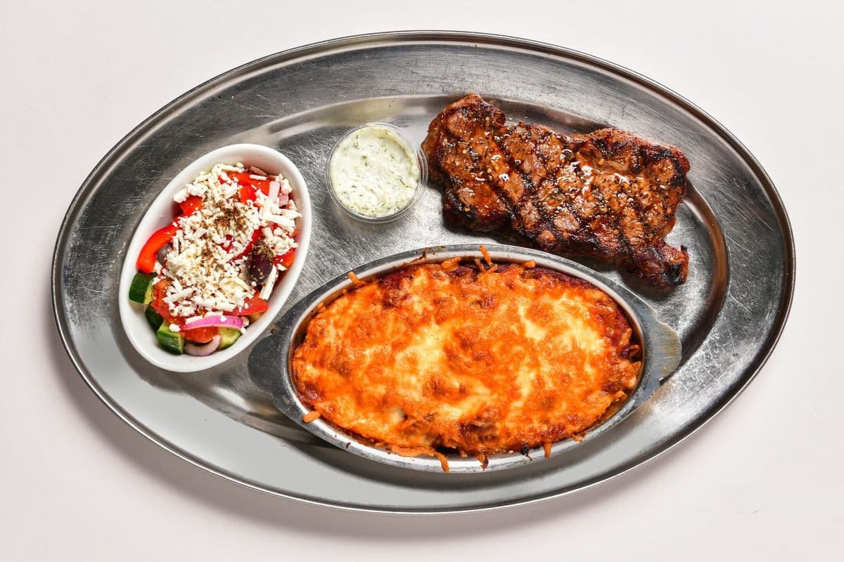 8 oz NY Steak and Baked Spaghetti
