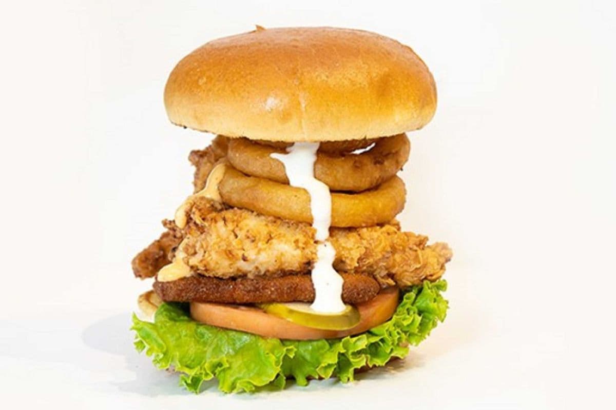 Adopted Burger (Chicken, Crusted Cheese & Onion Rings)