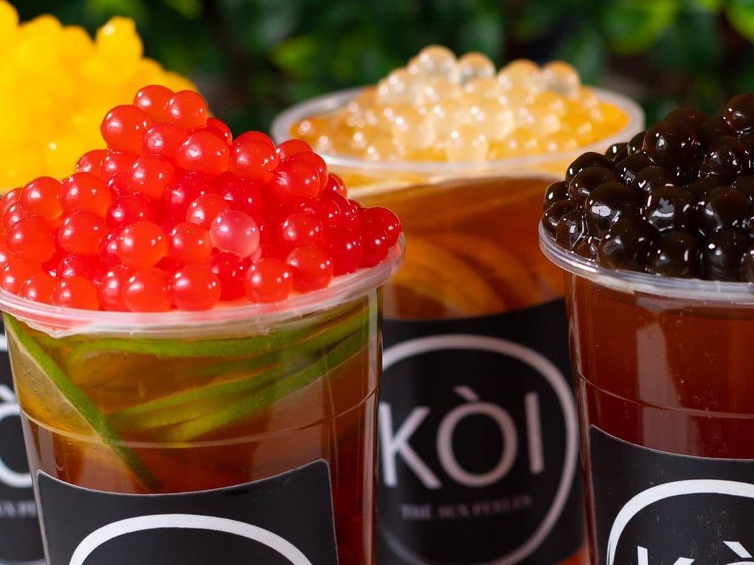 PEACH TEA WITH PEACH POPPING BOBA
