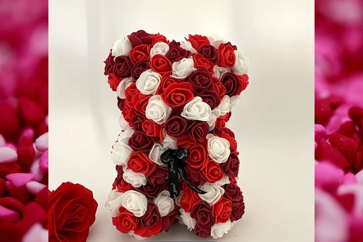 White, Red & Burgundy Rose Floral Teddy