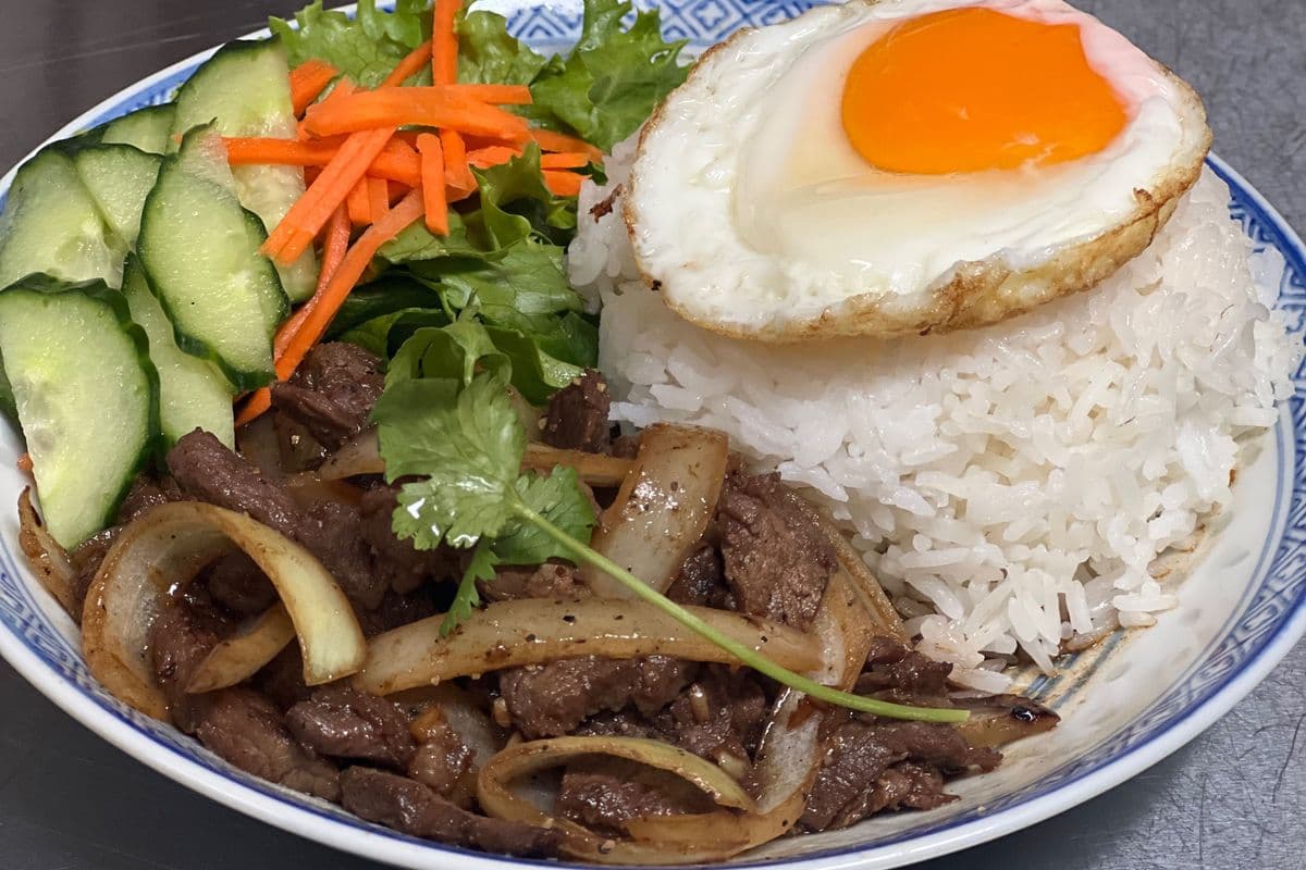 Butter Beef Tenderloin with Rice and Fried Egg