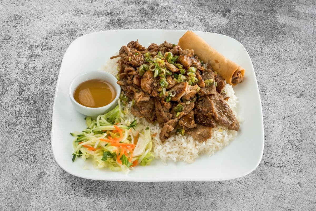 44. Rice with Grilled Pork, Beef, Chicken, and Spring Roll