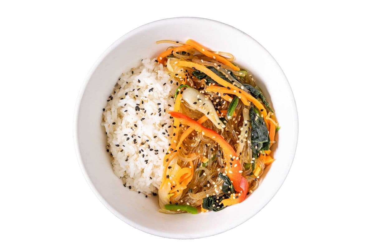 Mandu (Beef Dumpling) Jap-Chae on Rice