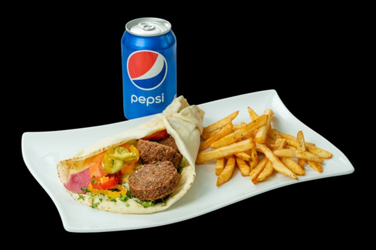 Falafel Wrap, Fries, and Pop