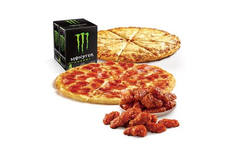 2 Large Pizza, 20 Buffalo Chicken Wings, and 4 Pack Monster Energy (478ml)