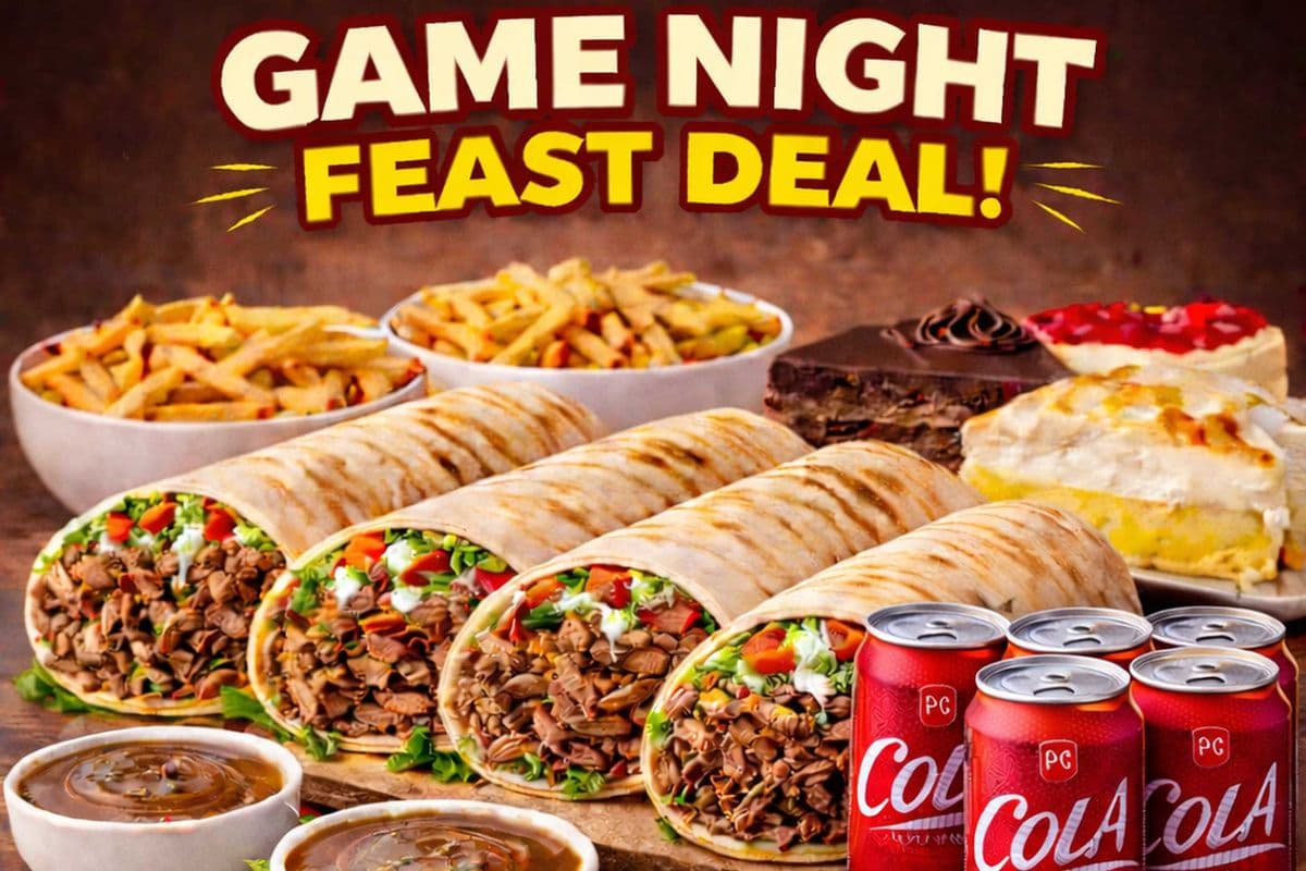Family Donair Feast (4 regular donairs, 2 large fries, 2 gravy, 4 cakes and 4 cans