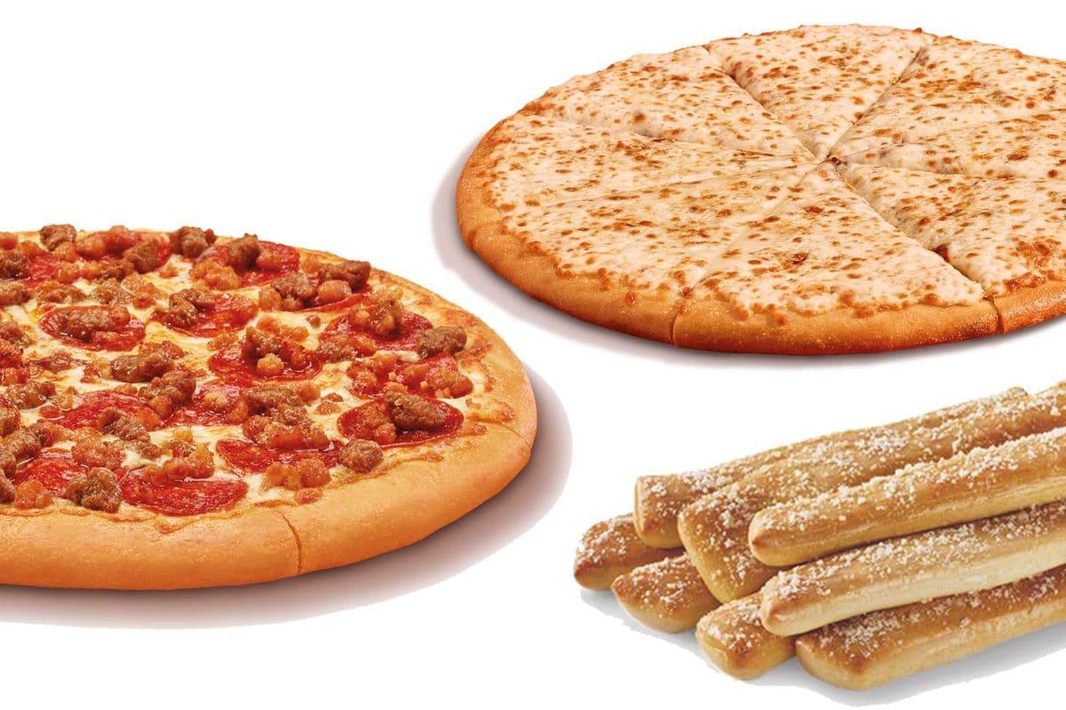 Classic Cheese Pizza, Three Meat Treat Pizza, and Crazy Bread