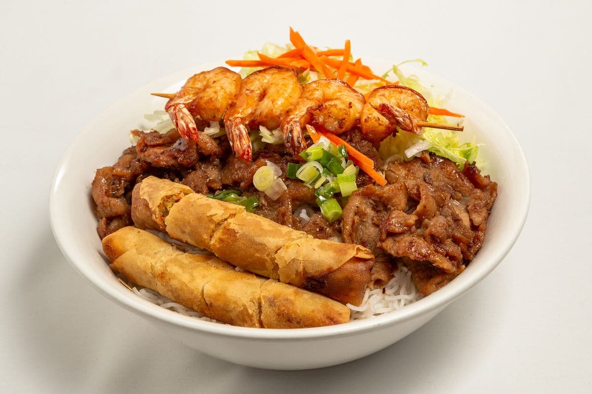 V6. Grilled Prawn, Grilled Pork, and Spring Rolls (2 pcs) on Rice Vermicelli
