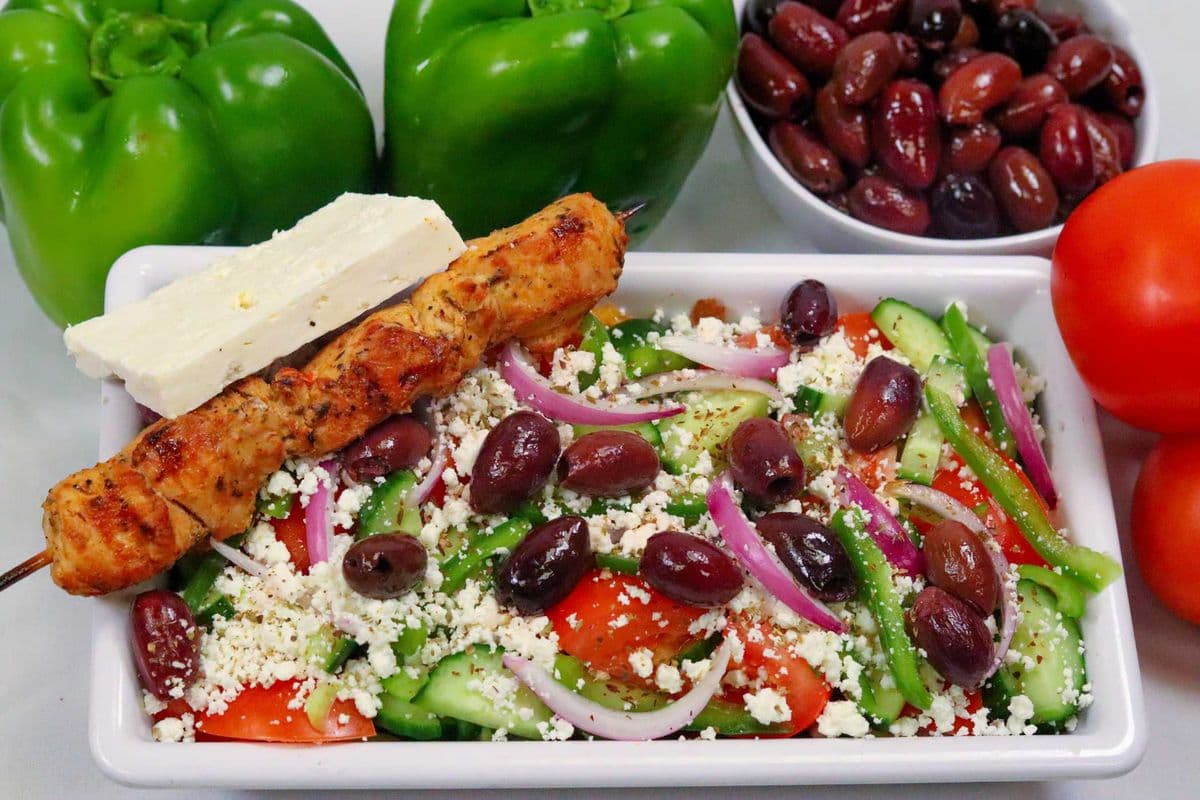 Greek Salad with Chicken Skewer