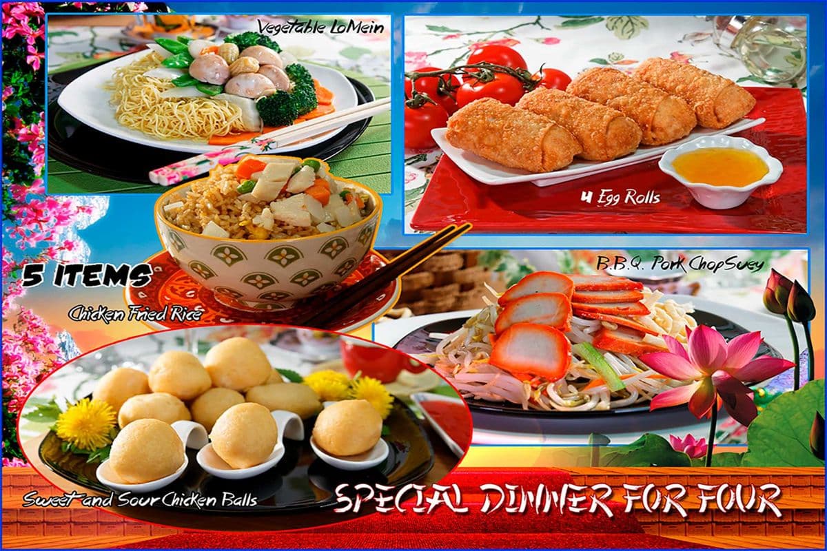 Special Dinner for Four (Sweet and sour chicken balls, 4 egg rolls, BBQ pork chop soy, chicken fried rice, vegetable lo mein.)