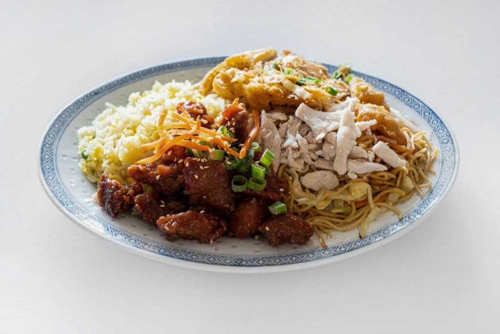 #3. Chicken Chow Mein, Sweet and Sour Pork, Chicken Fried Rice, and Almond Chicken