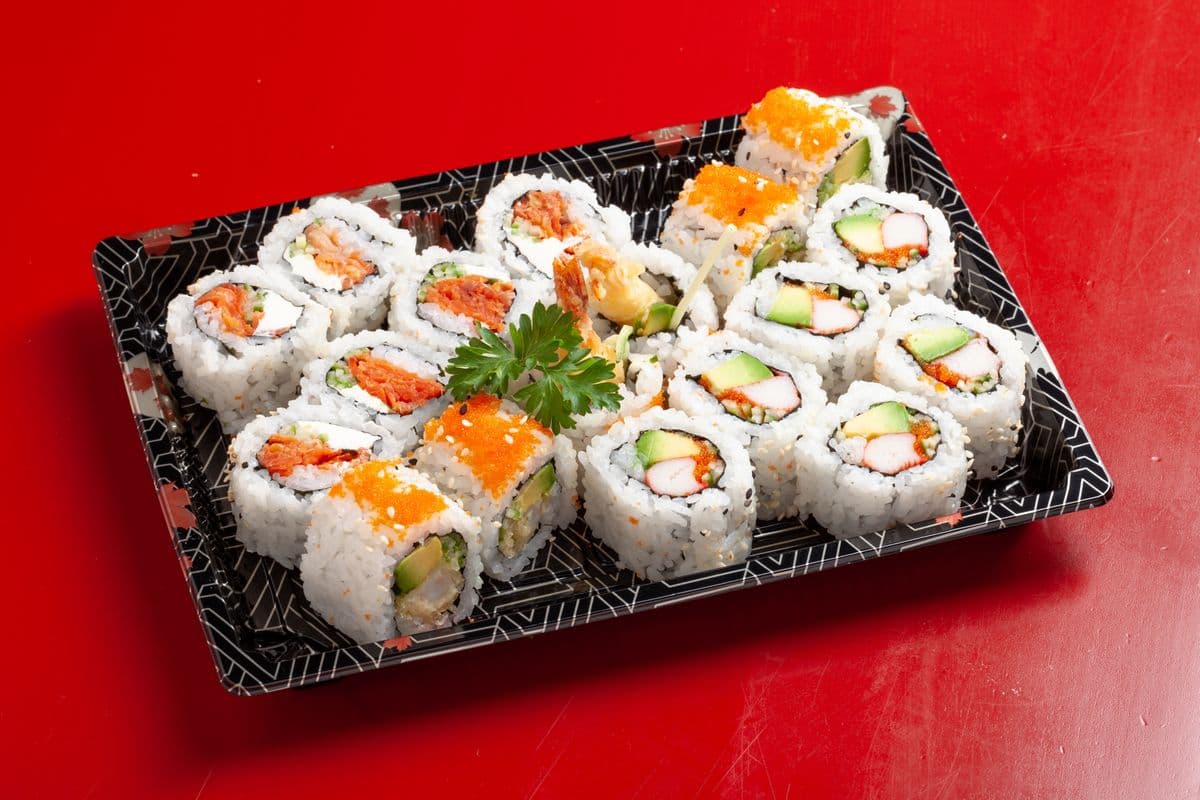 C12. California Roll, Dynamite Roll, and Philadelphia Roll. (18 pcs)