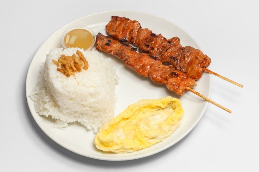 Two Pieces Pork Skewer with Rice and Egg